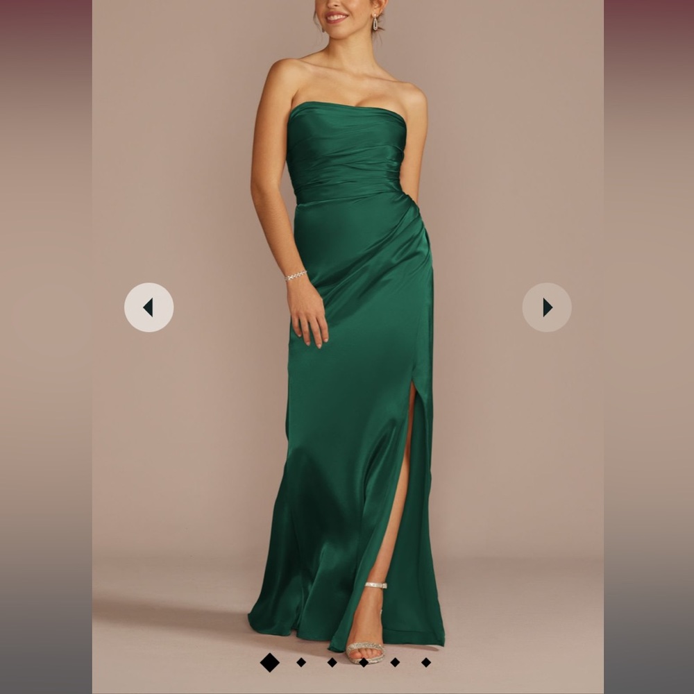 David’s Bridal strapless charmeuse bridesmaid dress with ruching